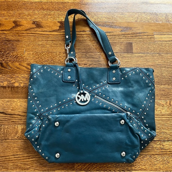 Michael Kors Astor Large Studded Blue Leather Tote Satchel Shoulder Bag Rocker - Picture 9 of 15